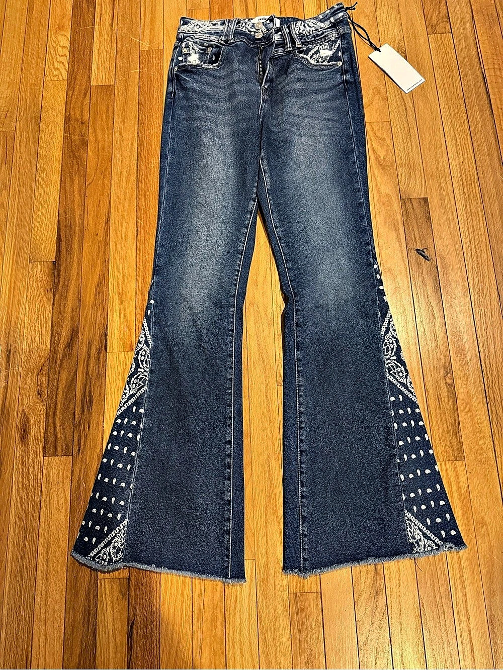 Mica Flare Paisley Blocking Jeans Paisley Flare Jeans in Blue & White Waist 28
